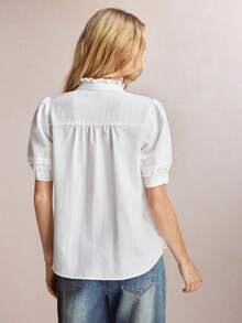 BizChic White Round Neck Short Sleeve Shirt, Business Formal, Vacation Style, Slouchy, Commute, Date, Daily, Vacation, Office, Independence Day, Graduation Season, Music Festival, Slimming, Elegant, Versatile, Summer, Party, Wedding Guest, Outing, Beach, Gathering, Social, Holiday, Shopping, Afternoon Tea, Travel, Minimalist - White - View 4