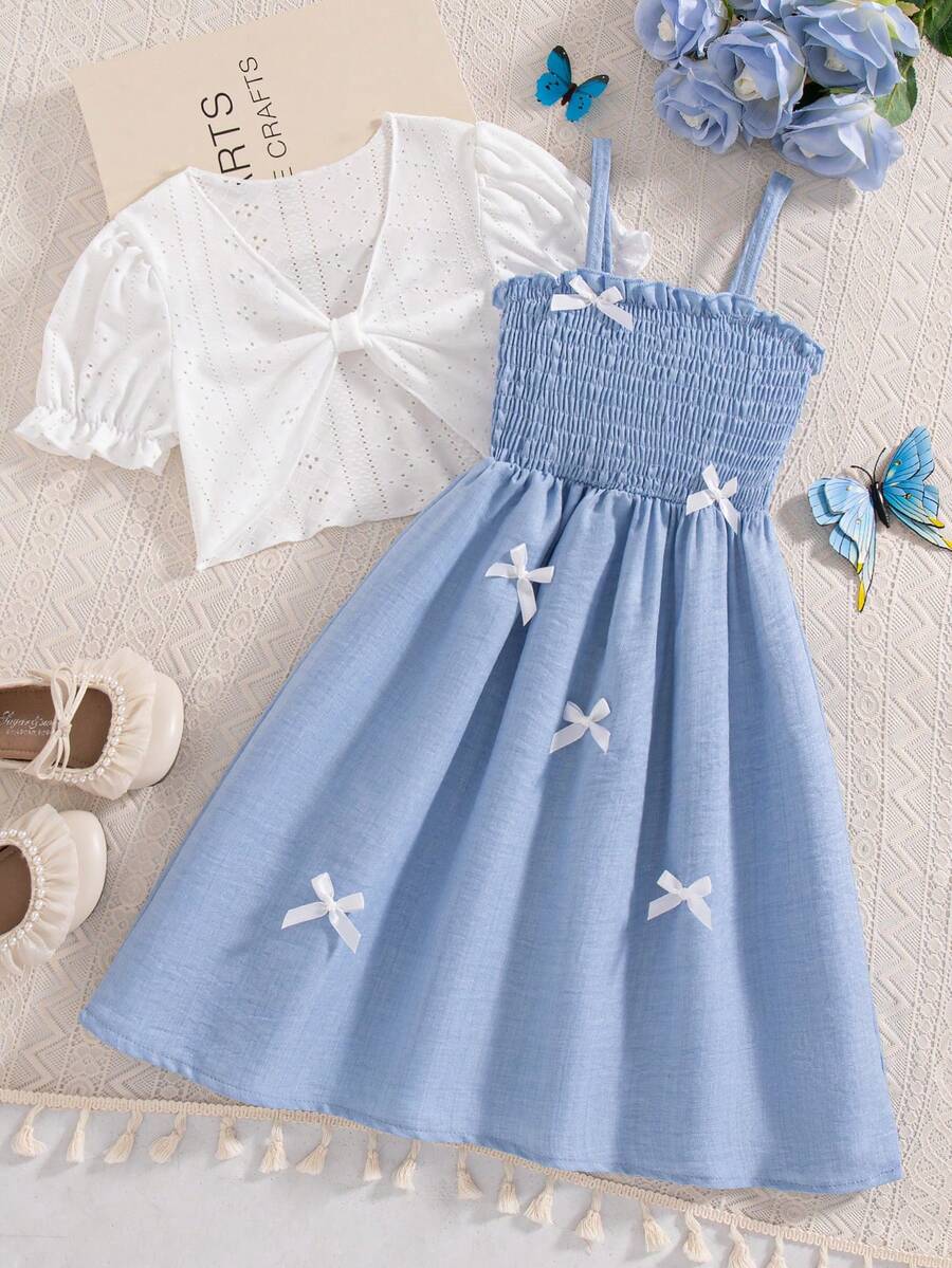 Elladie kids Cute Toddler Girls Multicolor V Neck Knitted Short Sleeve Puff Sleeve Blouse And Shirred Short Skirt Two Piece Outfit - Multicolor - View 1