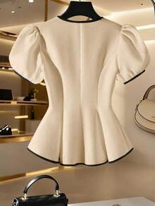 Franclia 夏季新款收腰撞色纽扣装饰衬衫，优雅气质 - 卡其色 - 查看 2