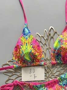 Swim Mod 女士夏季沙滩印花露背系带性感比基尼和三角泳裤套装 - 彩色 - 查看 6