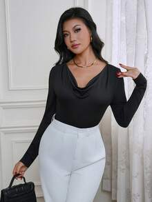 Modelyn Women's Elegant Black Lace Splice Plunging Neck T-Shirt Top Autumn Tops For Women Elegant Classy Body Blouse Revealing Clothes For Women Elegant Top For Woman Blouses For Women Elegant For Party Night Out Long Sleeve Top Lace Back Top Body Tops For Ladies Bodysuit Blouses For Women Zipper Top Zip Up Bodysuit Zip Up Top - Black - View 2