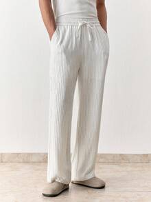 SWAVVY Pantalones casuales de hombre con cordón en la cintura, bolsillos en diagonal y rayas - Blanco - Ver 5