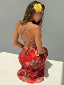 Aloruh 女士度假风印花鱼尾下摆修身连衣裙 - 紅色 - 查看 5