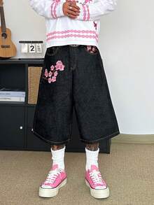 STEELVANCE Quần short denim ống rộng dáng suông, thiết kế độc đáo, thêu hoa, phong cách cổ điển, thích hợp cho mùa hè. - màu đen - Xem 6