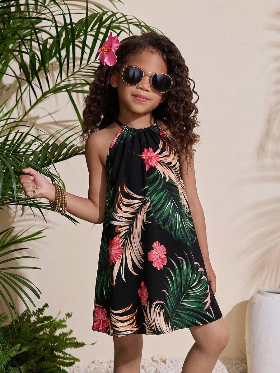 Đầm cổ yếm dệt họa tiết hoa nhiệt đới thời trang thường ngày cho bé gái đi nghỉ mát. - Nhiều màu - Xem 1