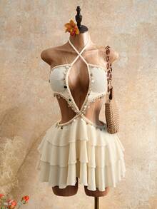 Mistrie Đầm mùa hè dành cho nữ, chất liệu vải có họa tiết, không tay, khoét rỗng, kiểu dây đeo hình vỏ sò. - Màu be - Xem 1