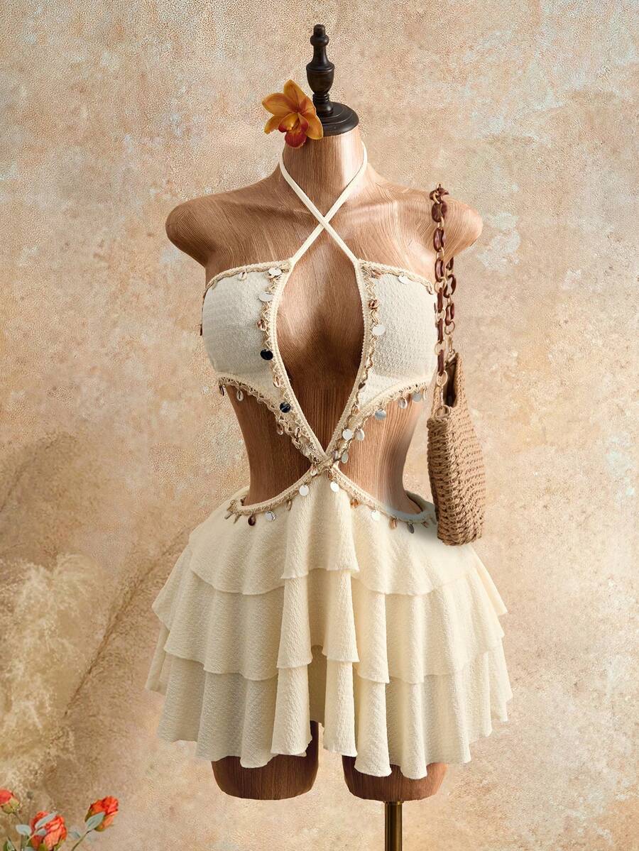 Mistrie Đầm mùa hè dành cho nữ, chất liệu vải có họa tiết, không tay, khoét rỗng, kiểu dây đeo hình vỏ sò. - Màu be - Xem 1