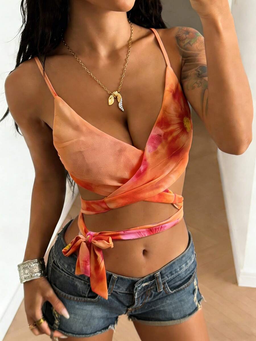 Zyxie Blusa con escote profundo en V sin espalda, estilo envolvente con estampado de tela, estilo femenino y sexy para fiesta y citas - Multicolor - Ver 1