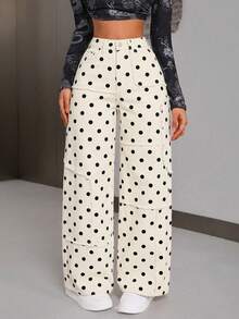 SHEIN PETITE Women's Polka Dot Pocket Button Casual Versatile Daily Wear Wide Leg Jeans - Beige - View 3