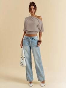 SHEIN BAE 黑色休閒不對稱肩 T-shirt，灰色，夏季性感時尚，適合夜出、日常穿著、約會、下午茶、聚會的多功能上衣 - 灰色 - 查看 6