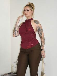 Arliah Áo crop top Y2K không tay cổ yếm, viền bất đối xứng, đính hạt, thêu gợi cảm dành cho nữ, mùa thu/đông - Đỏ - Xem 4