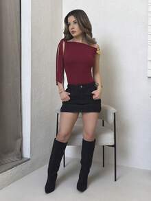 Jemour Women's Asymmetrical Neck Bowknot Knot Blouse - Redwood - View 4