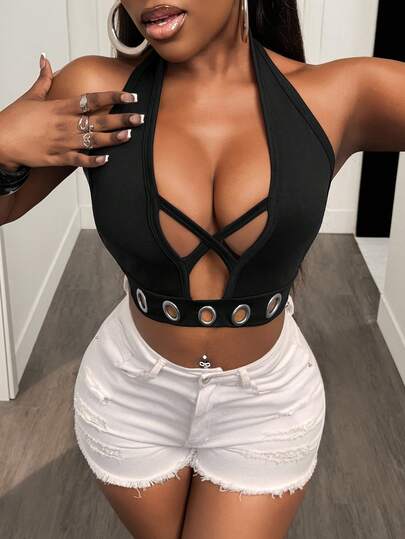 BamGleam Áo croptop đen cổ yếm, đính kim loại hình thánh giá rỗng, ôm sát, hở lưng, không tay, gợi cảm, thích hợp cho tiệc tùng, đi club, đi nghỉ mát biển.