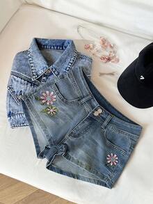 Elamini 女士休闲日常牛仔短裤，带口袋和花卉刺绣设计 - 深色水洗藍 - 查看 5