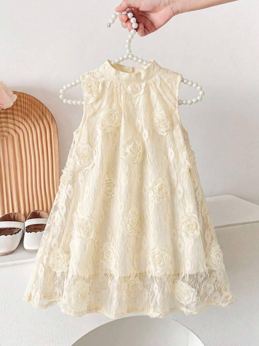 少女立体网纱碎花甜美休闲宽松无袖公主裙,透气舒适,适合夏季日常、户外和度假穿着。 - 粉色 - 查看 1