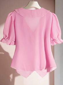 SHEIN Clasi Plus Size Women's Solid Color Ruffle Collar Short Petal Sleeve Fashionable Blouse - Coral Pink - View 2