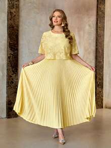 大码女装春夏新款婚礼宾客浪漫连衣裙，新娘礼服，晚礼服，正式女士礼服，优雅蕾丝拼接连衣裙，宽松长裙 - 淡黃色 - 查看 6