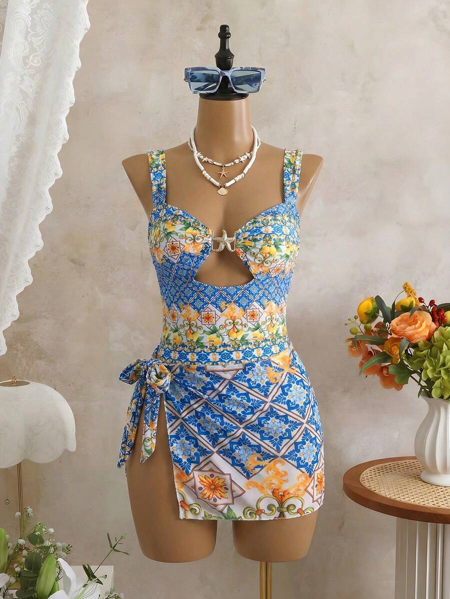 Bellisia Set de 2 piezas Conjunto modesto de playa para mujer, body sin mangas con estampado de estrellas y falda con cintura anudada, adecuado para la playa, fiesta de piscina, primavera/verano - Multicolor - Ver 1
