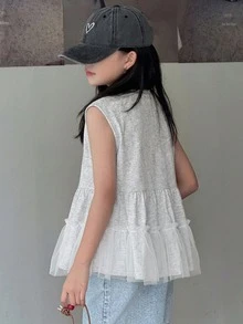 DAZY Áo thun cổ tròn in chữ và số, chất liệu nhún bèo, kiểu dáng thường ngày, đa năng dành cho bé gái tuổi teen. - Màu Xám nhạt - Xem 2