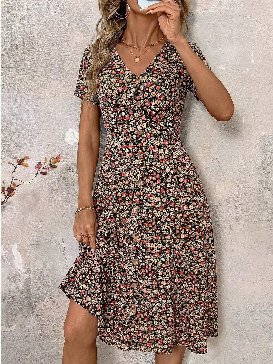 SHEIN Clasi 女士V领复古碎花度假连衣裙 - 彩色 - 查看 1