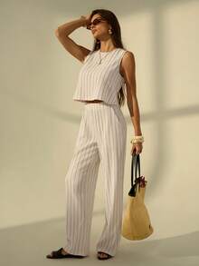 SHEIN Tall Women's Striped Crew Neck Sleeveless Top And Shorts 2 Pieces Set, Casual For Summer - Apricot - View 2
