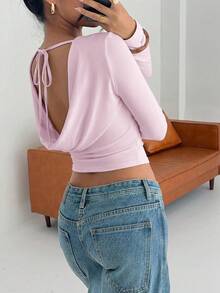 SHEIN EZwear 女士粉色露背修身长袖T恤，可爱粉色Y2K露背上衣 - 粉色 - 查看 2