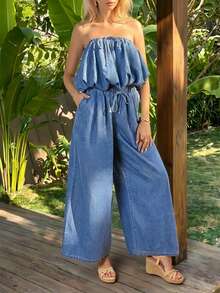 Sunnyshic Áo quây xếp ly thắt nút dành cho nữ và quần jeans ống rộng có túi - Trang phục thường ngày cho kỳ nghỉ. - Màu xanh lam - Xem 6