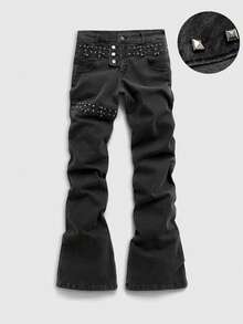 ROMWE MEN Casual Jeans de mezclilla con remaches metálicos en capas para hombres - Marrón - Ver 1