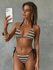 Aloruh 女士夏季新款扎染印花比基尼套装，性感派对音乐节炫彩贝壳装饰女士泳装，女士沙滩装，女士度假装 - 米色 - 查看 4