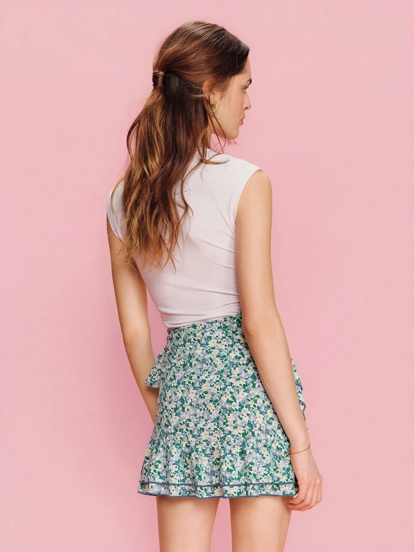 Green Floral Print High Waisted Mini Wrap Skirt With Side Waist Self Tie Bow, Ruffles At Hem Cute Skirt Cottage Skirt Festival Skirt Holiday Skirt Spring Summer French Style Parisian Style Short Outfits For Women Outfit Sets Women Summer Floral Skirt Ruffle Skirt