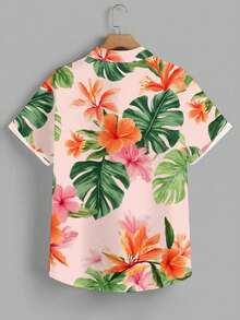 VIVINTIMO Camisa de manga corta casual de verano para hombres con estampado de hojas y cuello de tortuga - Rosa - Ver 3