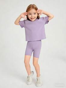 Young Girl 2pcs/Set Solid Color Round Neck Short Sleeve T-Shirt And Shorts Casual Outfit - Multicolor - View 4