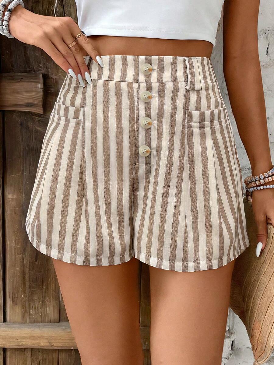 Airaco Pantalones cortos con botones y estampado de rayas al estilo estadounidense - Multicolor - Ver 1