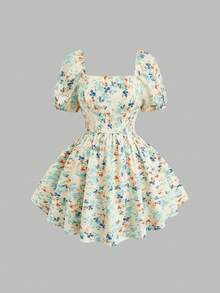 Sweetra 大码女士浪漫度假印花花瓣袖方领迷你连衣裙，粉色 - 彩色 - 查看 6