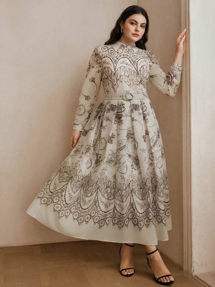 Plus Size Women's Elegant Spring/Summer Palace Style Printed Mandarin Collar Long Sleeve Rhinestone Embellished Long Dress