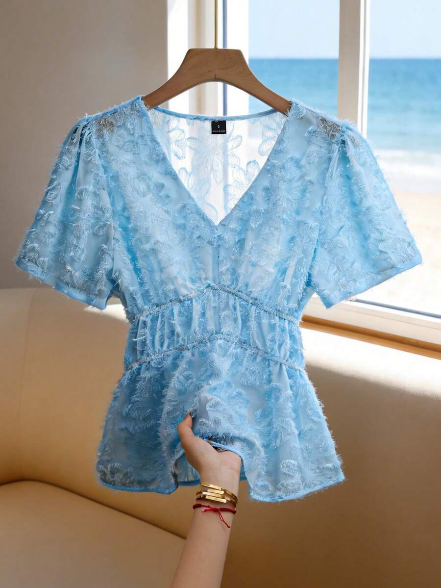 Franclia Áo sơ mi nữ cổ chữ V xếp ly, kiểu dáng thường ngày, đa năng, thích hợp mặc đi làm. - Màu xanh lam - Xem 1