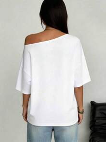 INAWLY Áo thun ngắn tay in họa tiết lệch vai dành cho nữ cỡ lớn - trắng - Xem 2