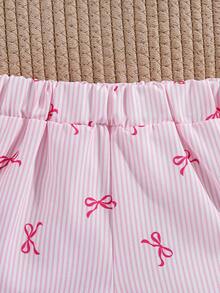 SHEIN Vintaside Kids 女嬰粉色夏季柔軟可愛度假休閒套裝 白色條紋露背掛脖上衣與裙子套裝 編織蝴蝶結荷葉邊裙襬俏皮套裝 - 淺粉色 - 查看 5