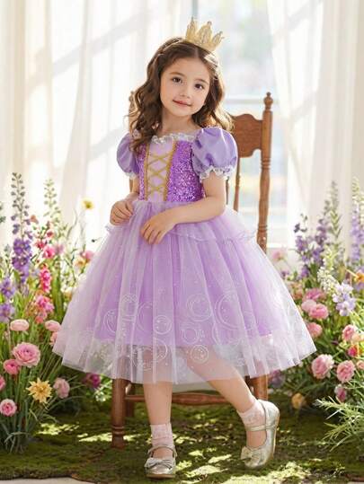 Elladie kids Princess Sequin Tulle Dress, Young Girls Formal Party Gown, Costume Dress For Birthday Party, Stage Piano Performance, Photoshoot, Suitable For All Seasons, European And American Style Purple Dresses For Kids Purple Princess Dress Girls Birthday Dress Rapunzel Dress Purple Princess Dress For Girls Rapunzel Zoey Costume Princess Dresses For Kids Princes Dress Young Girls Dresses Birthday Dresses For Kids