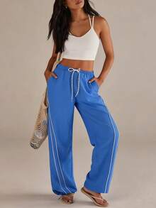 Athîral Women's Casual Sports Contrast Binding Drawstring Pants - Blue - View 3