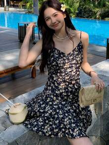 K-Vae V-Neck Ditsy Floral Slip Dress, Waist Cinched, Slimming, Summer,Summer Dresses For Women - Black - View 1