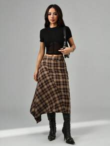 SHEIN PETITE 2025新款极简主义冬季女士棕色格子裹身不对称下摆时尚百搭半身裙,适合外出穿着,优雅连衣裙,女士休闲装,圣诞派对裙装,新年正式礼服,秋季,女士秋装,女士冬装 - 咖啡棕 - 查看 2