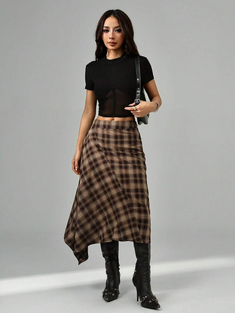 SHEIN PETITE 2025新款极简主义冬季女士棕色格子裹身不对称下摆时尚百搭半身裙，适合外出穿着，优雅连衣裙，女士休闲装，圣诞派对裙装，新年正式礼服，秋季，女士秋装，女士冬装