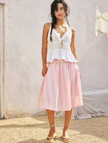 SoleilVie Damen weißes Sommer Boho Urlaub Feiertag Baumwolle Trägertop, Ananas Textur Patchwork Rüschen Saum Lässig Süß Strand Top - Beige - Übersicht 5