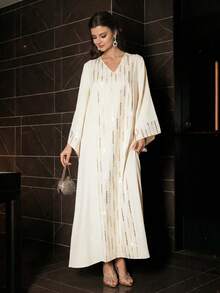 Al Najma Đầm maxi Thổ Nhĩ Kỳ dáng rộng thanh lịch xòe rộng, thích hợp mặc hàng ngày, và áo Abaya truyền thống Ả Rập. - Vàng nhạt - Xem 5