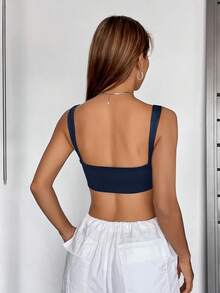 SHEIN EZwear 2026夏季海军蓝紧身纯色露脐吊带背心 - 寶藍色 - 查看 2