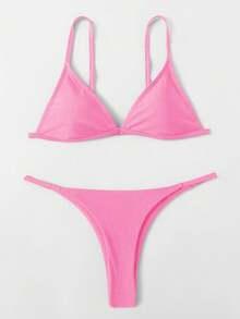 SHEIN Swim Women's Summer Beach Solid Color Sexy Bikini Swimwear Set - Baby Pink - View 1