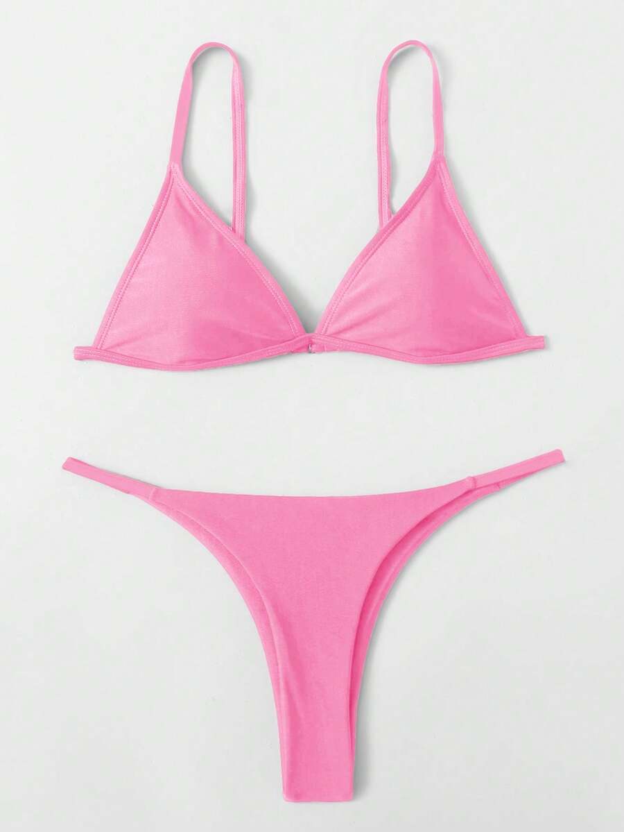 SHEIN Swim Women's Summer Beach Solid Color Sexy Bikini Swimwear Set - Baby Pink - View 1