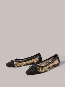 Styleloop Ladies Woven Breathable Butterfly Decoration Low-Top Small Square Toe Comfortable And Elegant, Ladies Flat Shoes, Vacation Style Travel Must-Have Bohemian Style, Vacation Wear, Travel Must-Have, Summer Wear, Vacation Atmosphere - Graphite Black - View 2