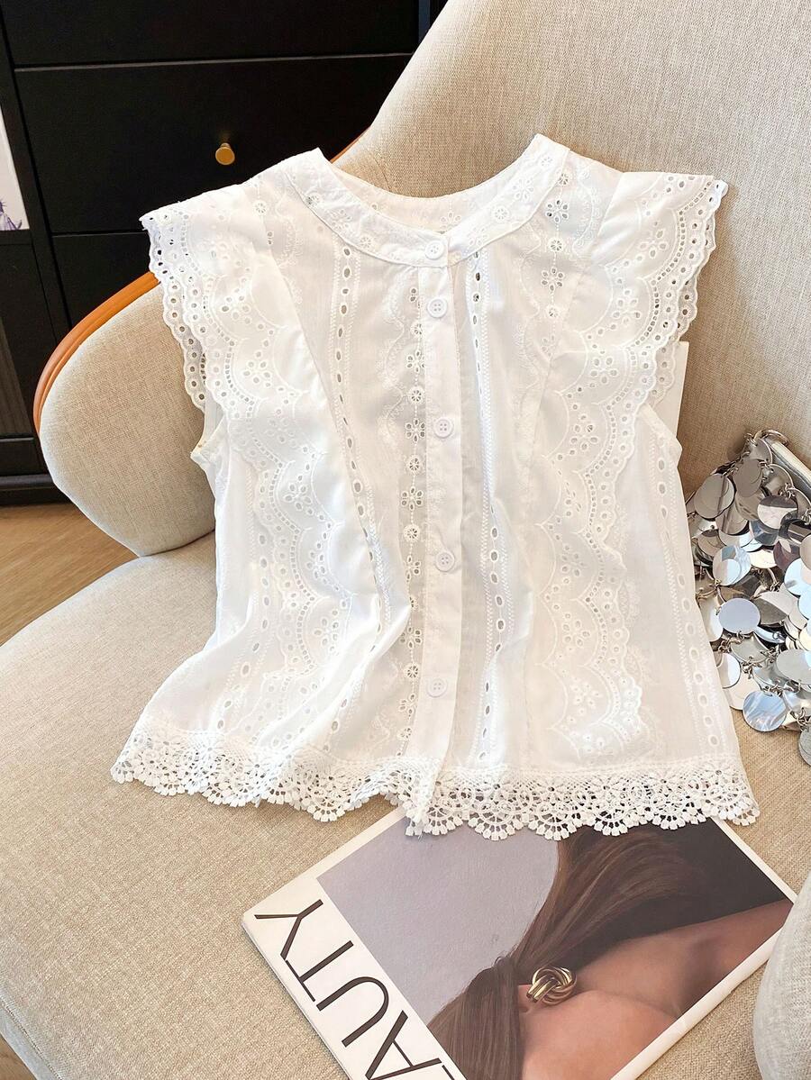 Franclia Solid Color Embroidered Lace Trim Short Casual Office Blouse For Women Croptop - White - View 1